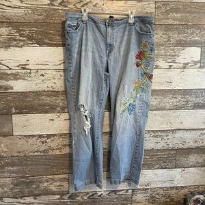Light Blue Denim Faded Floral Embroidered Ripped Women's Wide Leg Mom Jeans
